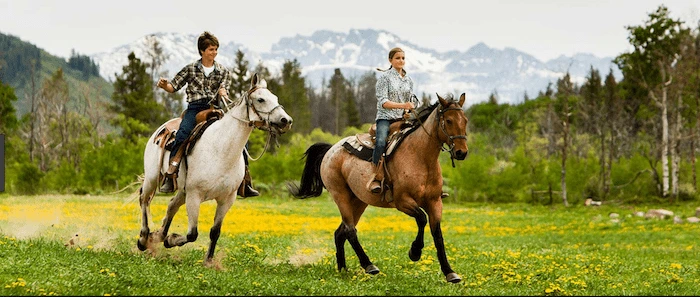 Confident plus-size woman riding Harrow a horse through a field with a smile on her face.